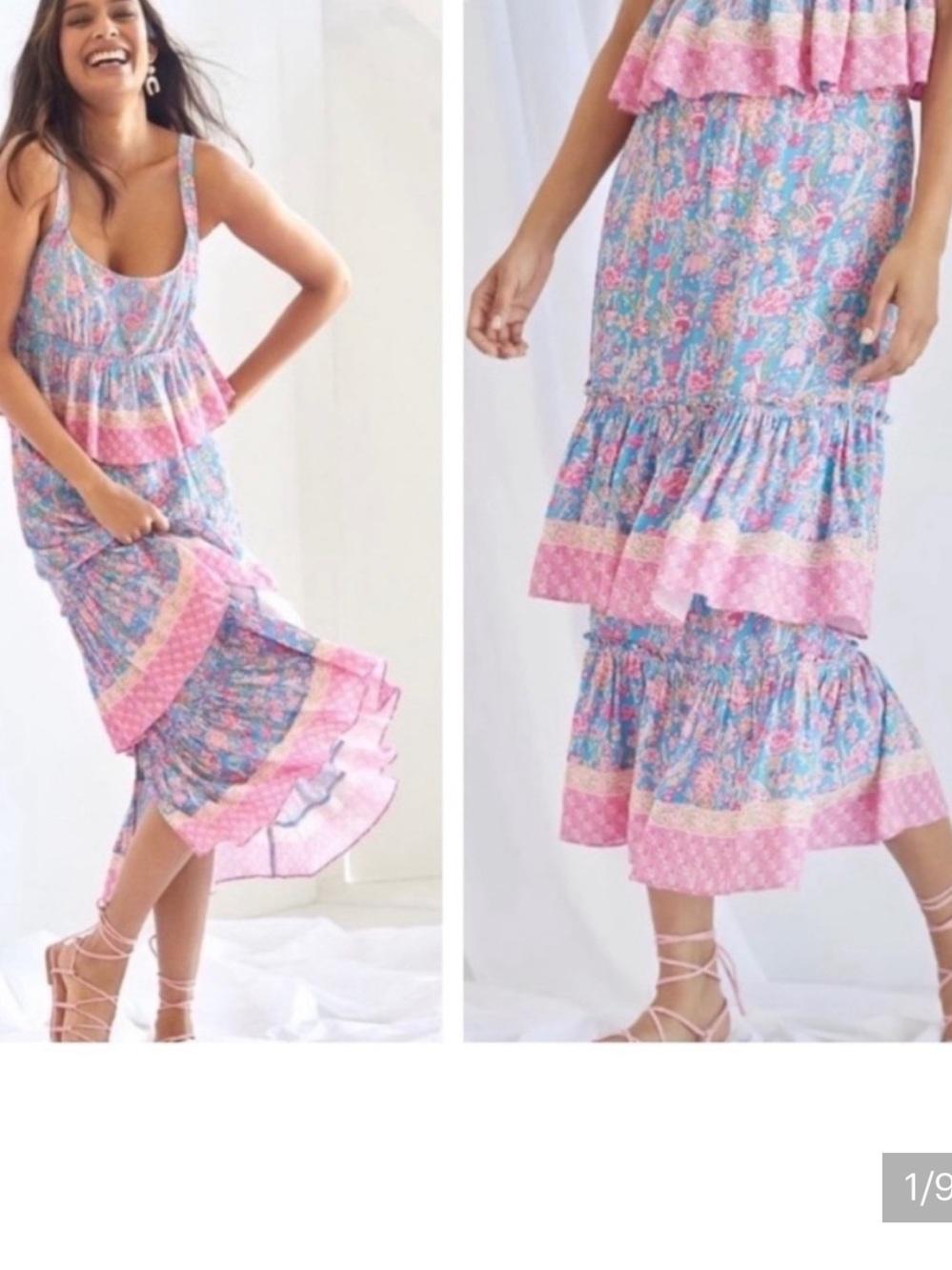 Anthropologie Floral Tiered Midi Skirt in Pink & Blue